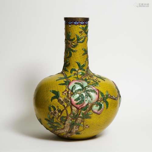 A Large Yellow-Ground Cloisonné 'Nine Peaches' Vase, Tianqiu...