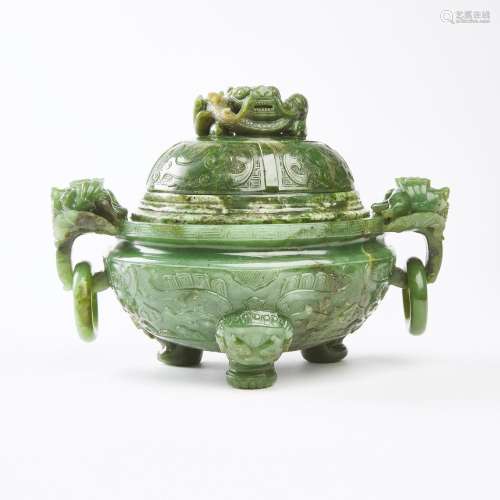 A Large Spinach-Green Jade Tripod Censer and Cover, 18th Cen...