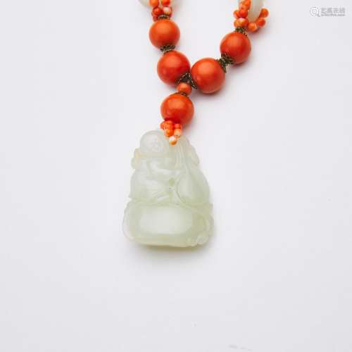 A White Jade 'Boy and Double Gourd' Pendant and Coral Neckla...