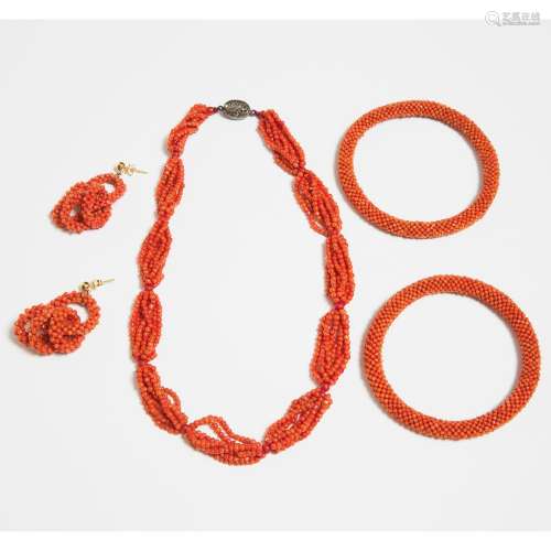 A Coral Beaded Necklace and Earrings Set, Together With a Pa...