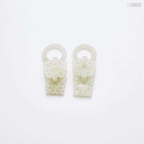 A Pair of White Jade Reticulated 'Longevity' Earrings, Qing ...