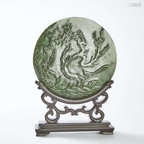 A Spinach Jade Circular Table Screen, Qing Dynasty, 清 碧玉雕...