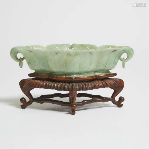 A Jadeite Quatrefoil Washer With Ring Handles, 19th/20th Cen...