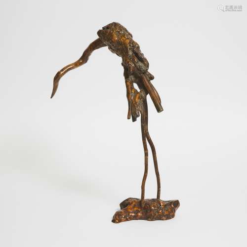 A Chinese Rootwood Figure of a Crane, Qing Dynasty, 清 根雕仙...