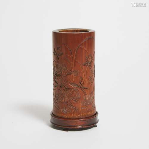 A Small Bamboo Brush Pot, 18th Century, 清 十八世纪 竹刻莲塘...