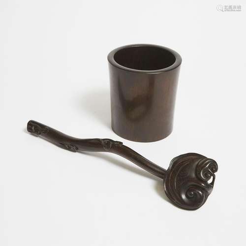 A Zitan Ruyi Sceptre and Brush Pot, Late Qing/Republican Per...