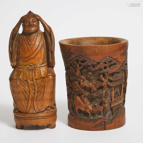 A Carved 'Figural' Bamboo Brush Pot, Together With a Luohan,...