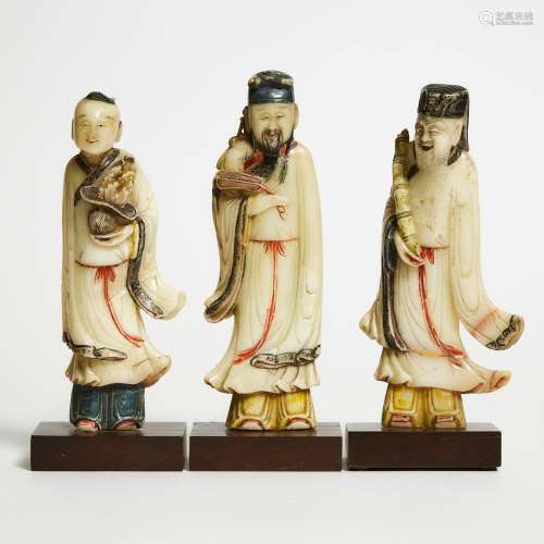 Three Soapstone Immortals, Qing Dynasty, 清 加彩寿山石雕三仙...