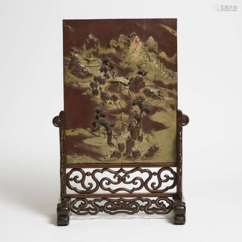 A Qiyang Stone 'Landscape' Table Screen, 19th Century, 清 十...