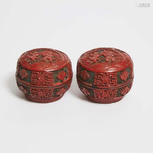A Pair of Cinnabar Lacquer Circular Boxes and Covers, 19th C...