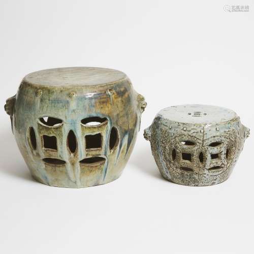 Two Jun-Style Shiwan Pottery Drum-Form Stands, 钧式石湾窑鼓凳...