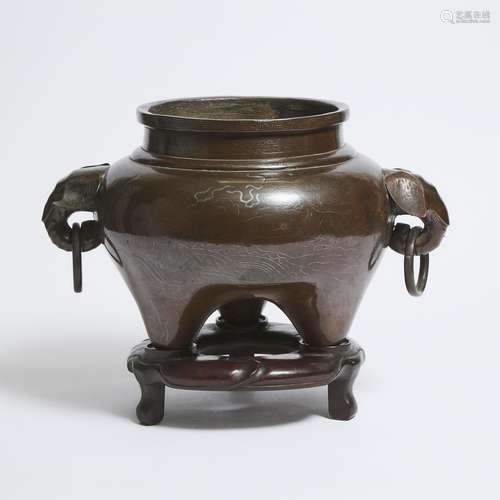 A Large Silver-Inlaid Bronze Elephant-Handled Censer, Shisou...