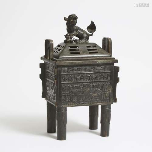 A Large Chinese Bronze Rectangular Incense Burner and Cover,...