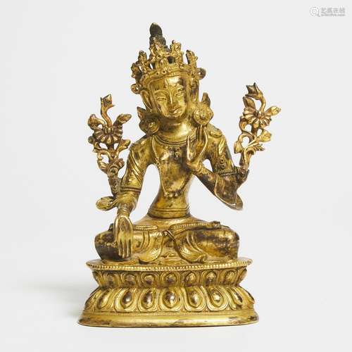 A Sino-Tibetan Gilt Bronze Figure of Tara, 19th Century, 十九...