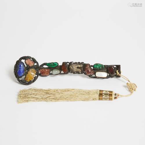 A Jade and Semi-Precious Stone-Inlaid Zitan Ruyi Sceptre, Qi...