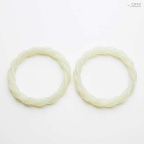 A Pair of White Jade Rope-Twist Bangles, Qing Dynasty, 清 白...