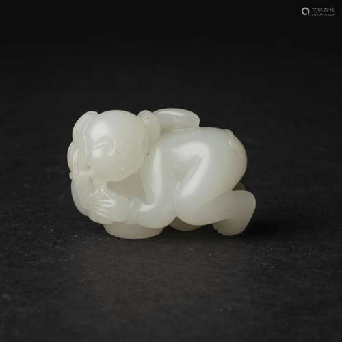 A Fine White Jade 'Boy and Lingzhi' Carving, Qing Dynasty, 1...