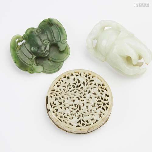 A Group of Three White and Spinach Jade Carvings, Qing Dynas...