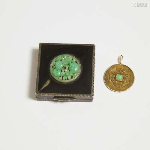 A Jadeite-Inlaid Enameled Silver Square Box, Together With a...