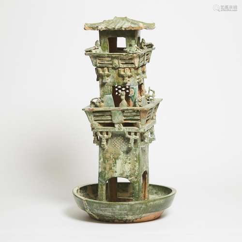 A Large Green-Glazed Pottery Model of a Watchtower, Han Dyna...