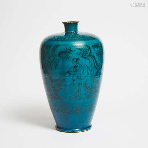 A Blue Turquoise-Glazed Cizhou Meiping Vase, 孔雀蓝地磁州人物...