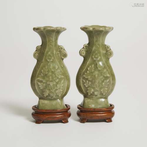 A Pair of Small Longquan Celadon Vases, Yuan-Ming Dynasty (1...