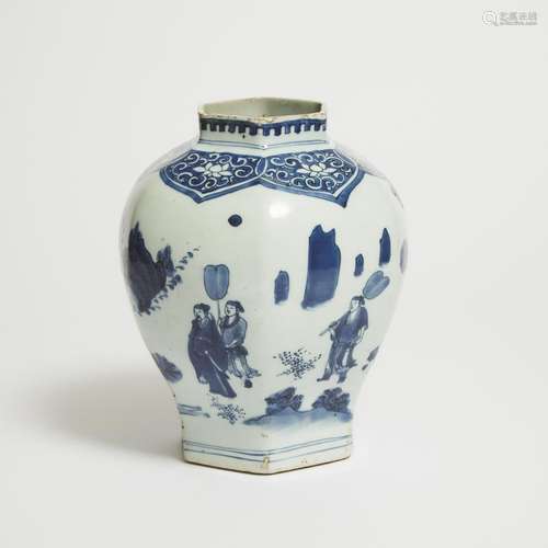 A Blue and White 'Figural' Hexagonal Jar, Transitional Perio...