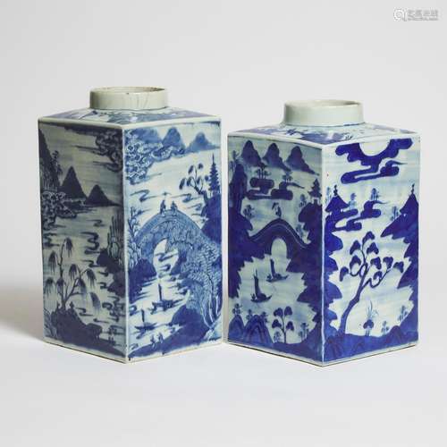 Two Large Blue and White 'Landscape' Tea Canisters, Late 18t...