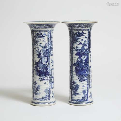 A Pair of Blue and White 'Landscape' Sleeve Vases, 18th Cent...