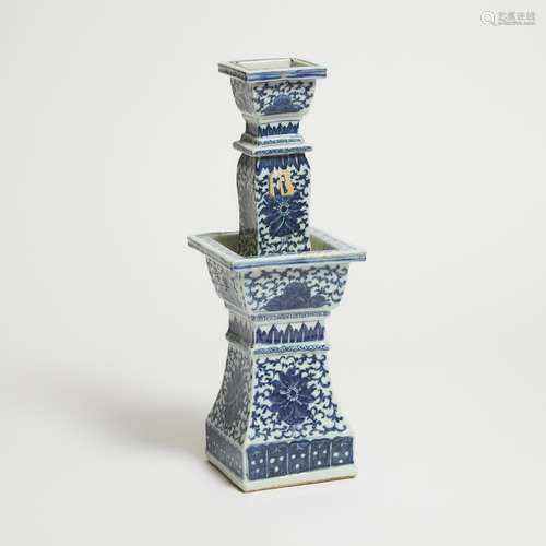 A Blue and White 'Lotus' Square-Form Altar Stick, 18th/19th ...