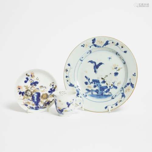 A Group of Three 'Nanking Cargo' Gilt and Blue and White Cup...