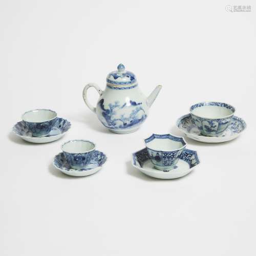 Four Sets of Blue and White Cups and Saucers, Together With ...