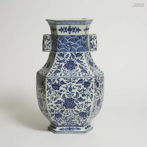 A Ming-Style Blue and White Hexagonal Hu-Form Vase, 19th Cen...