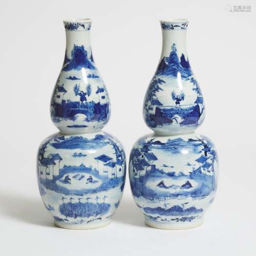 A Pair of Blue and White 'Landscape' Double-Gourd Vases, 19t...