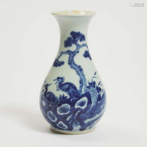 A Blue and White 'Cranes and Pine' Bottle Vase, 19th Century...