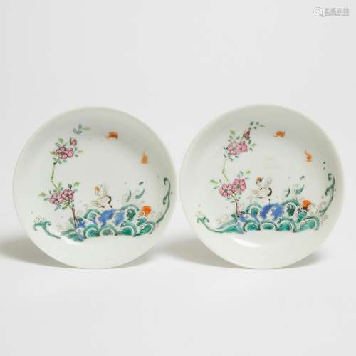 A Pair of Famille Rose 'Crane' Dishes, 19th Century, 清 嘉庆...