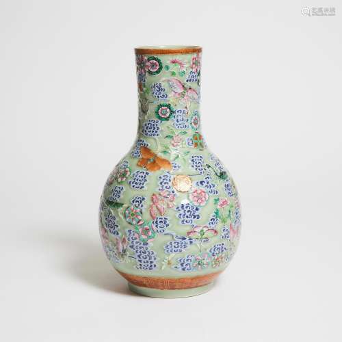 An Enameled Celadon-Ground Bottle Vase, 19th Century, 清 十九...