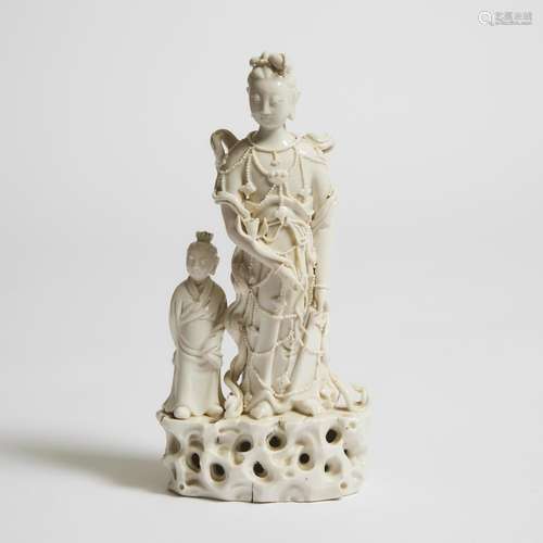 A Dehua Blanc de Chine Figure of Guanyin and Attendant, 19th...