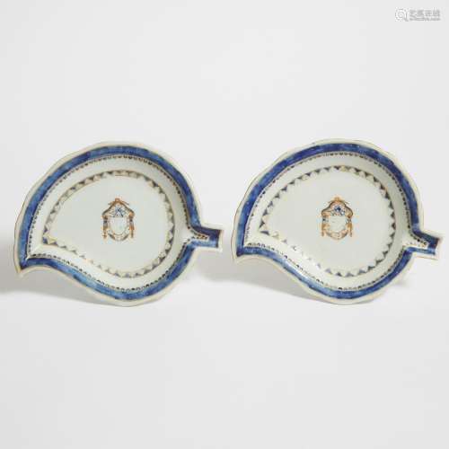 A Pair of Chinese Export Armorial Leaf-Shaped Dishes, 18th C...
