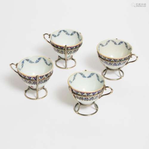A Set of Four Silver-Mounted Chinese Export Famille Rose Cof...