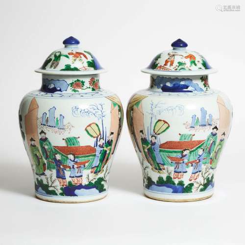 A Pair of Ming-Style Wucai 'Figural' Baluster Jars and Cover...