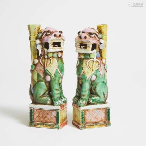 A Pair of Famille Verte Buddhistic Lion-Form Joss Stick Hold...
