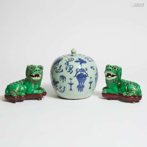 A Pair of Green-Glazed Lion Dogs, Together With a Celadon-Gr...