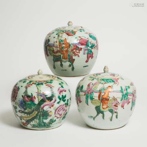 A Group of Three Famille Rose Ginger Jars, 19th Century, 清 ...