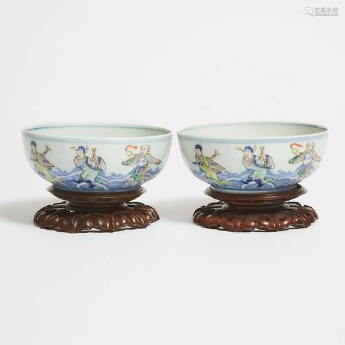 A Pair of Doucai 'Eight Immortals' Bowls, Wanli Mark, 20th C...