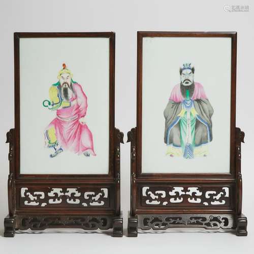 A Pair of Porcelain Panel Table Screens Depicting Guandi and...