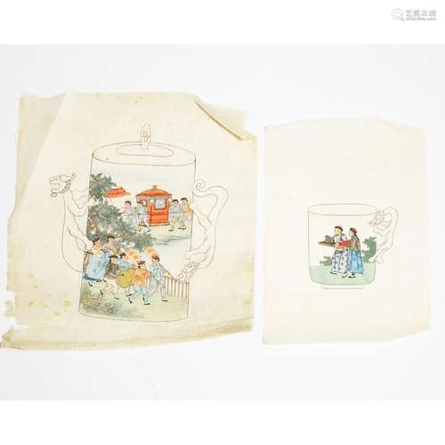 Two Chinese Export 'Porcelain Production' Paintings on Silk,...