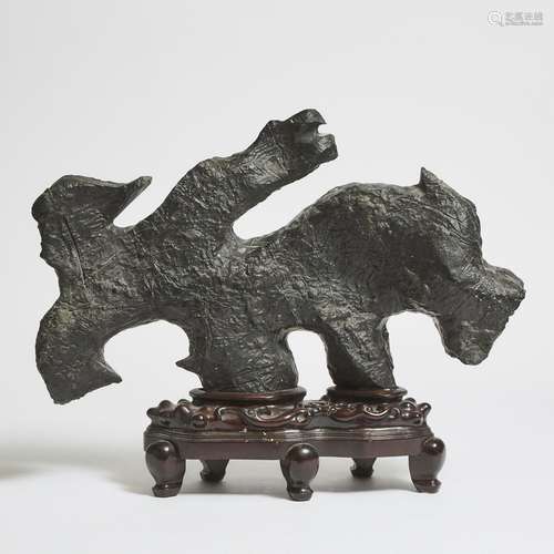 A Large Chinese Scholar's Rock and Carved Hardwood Stand, 灵...