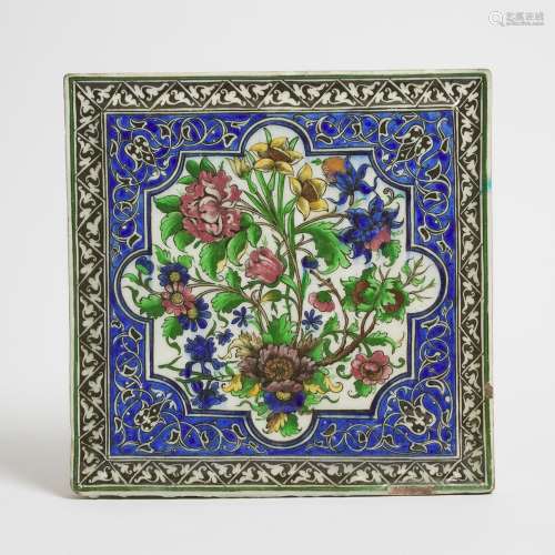 A 'Floral Bouquet' Pottery Tile, Persia, 19th Century, 十九世...