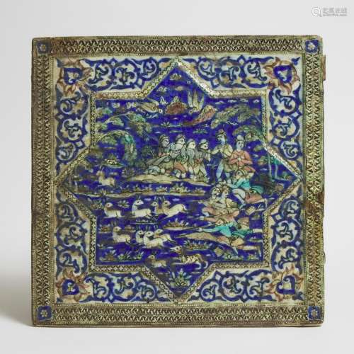 A Large 'Hunting Scene' Pottery Tile, Persia, 19th Century, ...